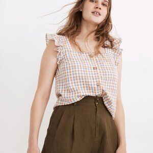 Madewell Gingham Searsucker Ruffle Strap Button Up Tank Top Womens XL Retro
